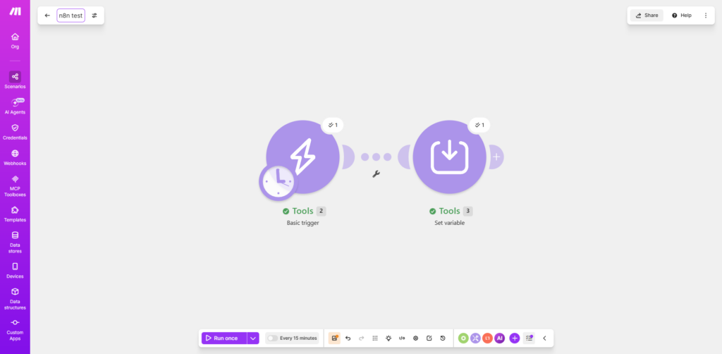 MakeのBasic triggerとSet variableを接続したシナリオ