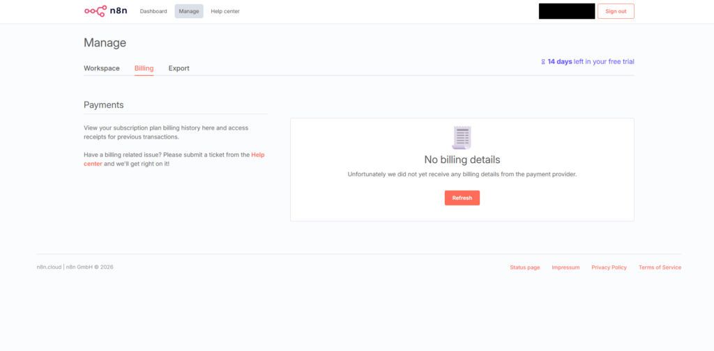 n8n CloudのBilling画面に請求情報がない状態