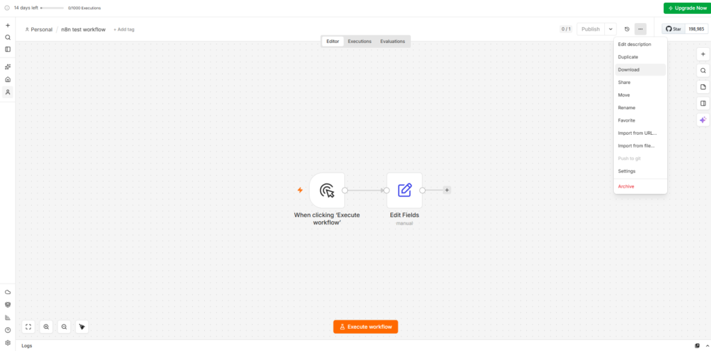 n8n CloudでワークフローJSONをダウンロードする画面