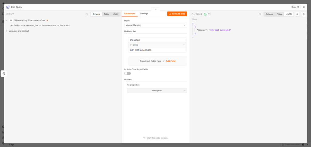 n8nのEdit FieldsノードでmessageのOUTPUTを確認した画面